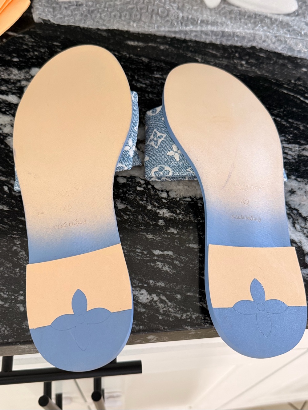 Louis Vuitton Denim Monogram Slide Sandals in Blue with Gold Plaque - Picture 3 of 5